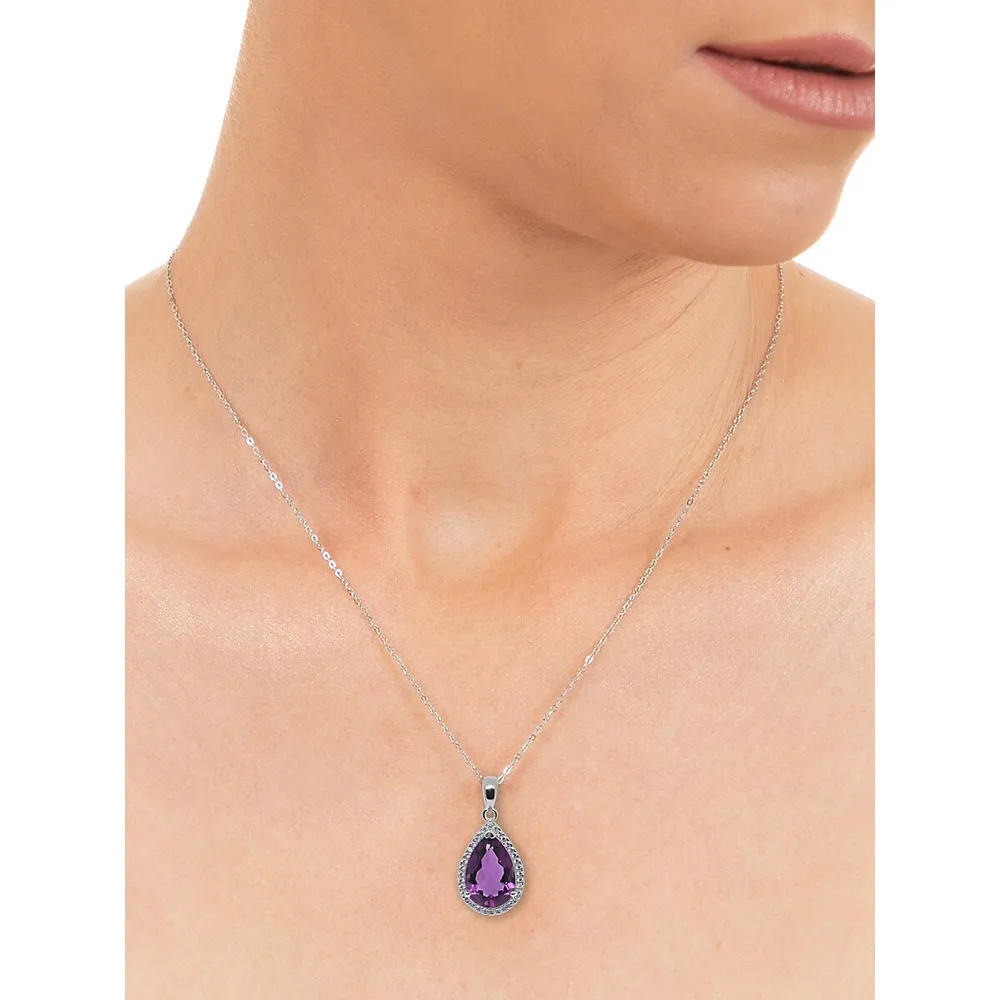 Precious Sterling Silver, Amethyst & Cubic Zirconia Pear Pendant Necklace