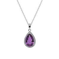 Precious Sterling Silver, Amethyst & Cubic Zirconia Pear Pendant Necklace