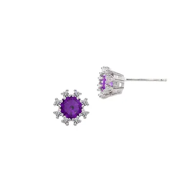 Small Round Amethyst, Cubic Zirconia & Sterling Silver Stud Earrings