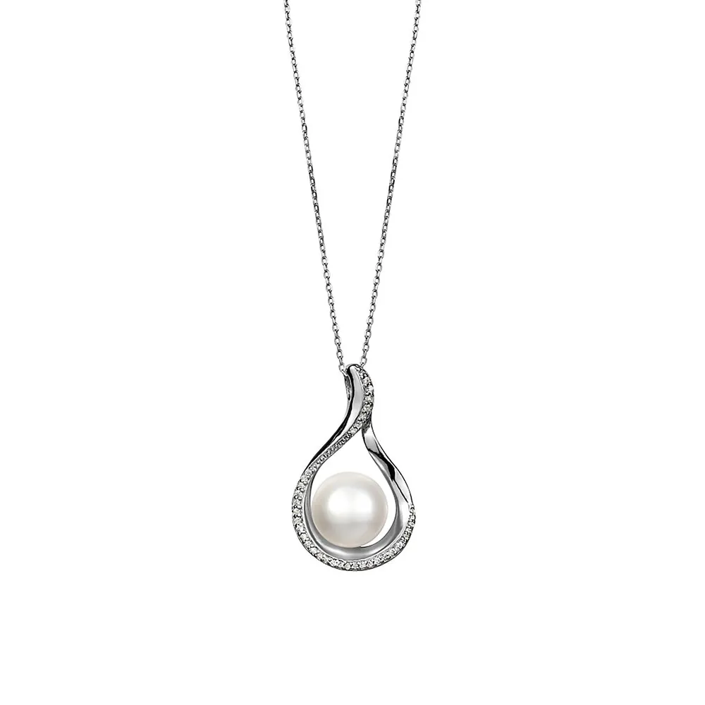 Lux Sterling Silver, 12MM White Button Freshwater Pearl & Cubic Zirconia Pendant Necklace
