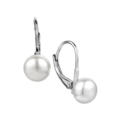 Pendants d'oreilles en argent sterling avec perles d'eau douce blanches de 8 mm