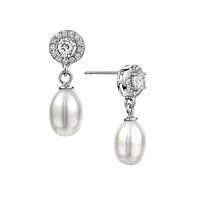 Sterling Silver Cubic Zirconia & 6MM x 8MM Freshwater Pearl Drop Earrings