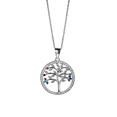 Sterling Silver & Cubic Zirconia Halo Tree Of Life Pendant Necklace