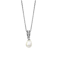 Sterling Silver, 9MM x 7MM Freshwater Oval Pearl & Cubic Zirconia Pendant Necklace