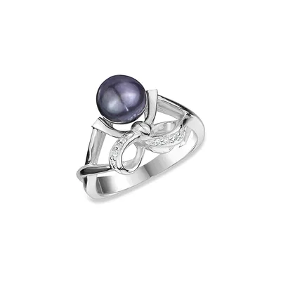 Sterling Silver, Cubic Zirconia & 6MM Black Freshwater Pearl Ring