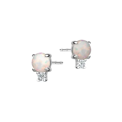 Sterling Silver, Opal & Cubic Zirconia Stud Earrings