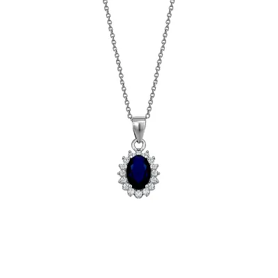 Sterling Silver, Blue & Clear Cubic Zirconia Halo Pendant Necklace