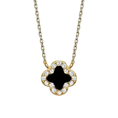 Sterling Silver & 14K Goldplated, Black Onyx & Cubic Zirconia Clover Pendant Necklace