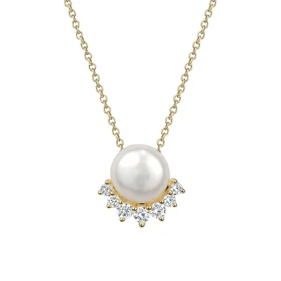 Sterling Silver, 14K Goldplated, 7MM Freshwater Pearl & Cubic Zirconia Pendant Necklace