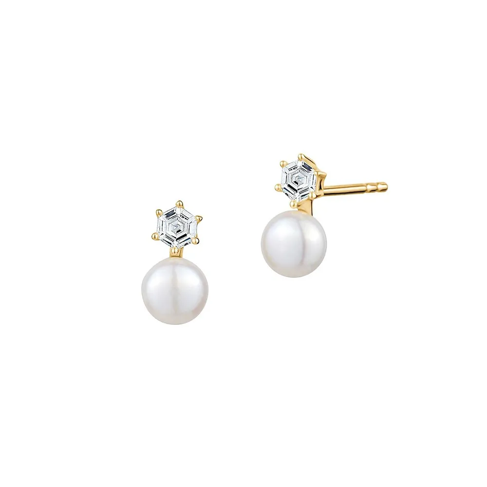 Sterling Silver, 14K Goldplated, 5MM Freshwater Pearl & Cubic Zirconia Stud Earrings