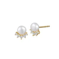 Sterling Silver, 14KGoldplated, Cubic Zirconia & 6MM Freshwater Pearl Stud Earrings