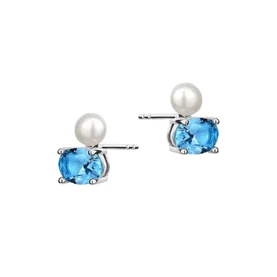 Sterling Silver, 4.5MM Freshwater Pearl & Blue Topaz Stud Earrings