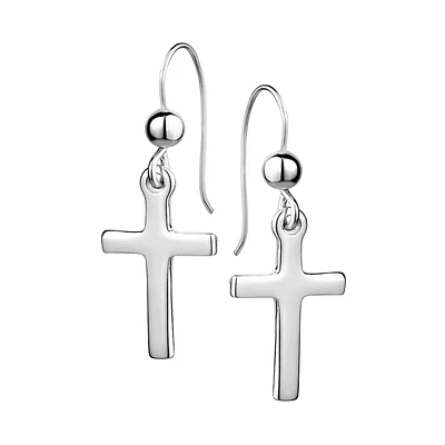 Sterling Silver Polished Cross Drop Earrings