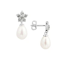 Sterling Silver, 7x9MM Freshwater Pearl & Cubic Zirconia Drop Earrings