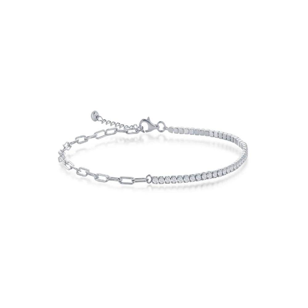 Sterling Silver Paperclip & Half Cubic Zirconia Tennis Bracelet