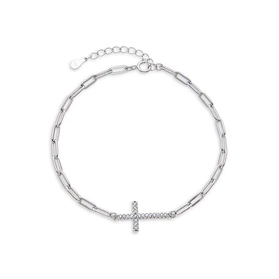 Sterling Silver Paperclip Chain & Cubic Zirconia Cross Bracelet