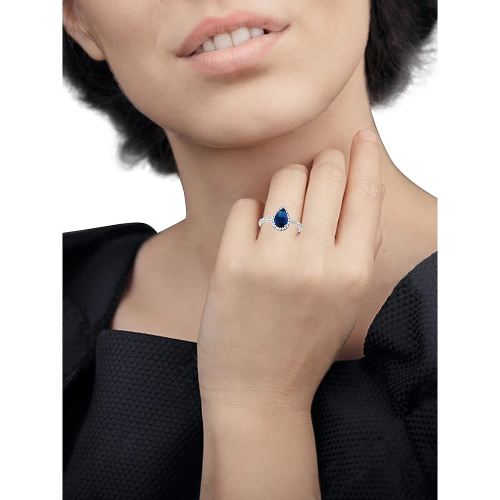 Sterling Silver & Pear-Shape Blue Cubic Zirconia Halo Ring