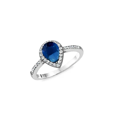 Sterling Silver & Pear-Shape Blue Cubic Zirconia Halo Ring