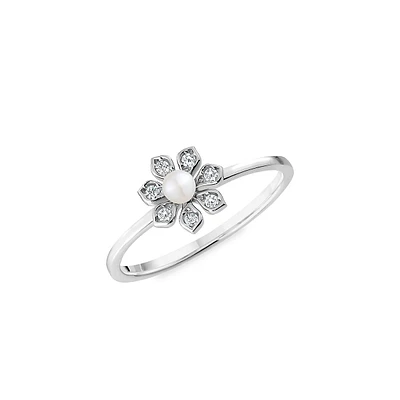 Sterling Silver, Cubic Zirconia & Faux Pearl Flower Ring