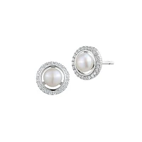 Sterling Silver, 5MM Freshwater Pearl & Cubic Zirconia Halo Stud Earrings