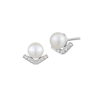 Sterling Silver, 5MM Freshwater Pearl & Cubic Zirconia Stud Earrings