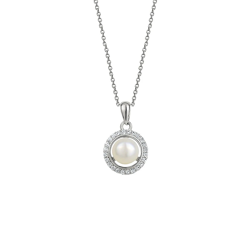 Sterling Silver, 6MM Freshwater Pearl & Cubic Zirconia Halo Pendant Necklace