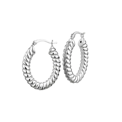 Silver Ribbed Hoop Earrings With Stardust Center