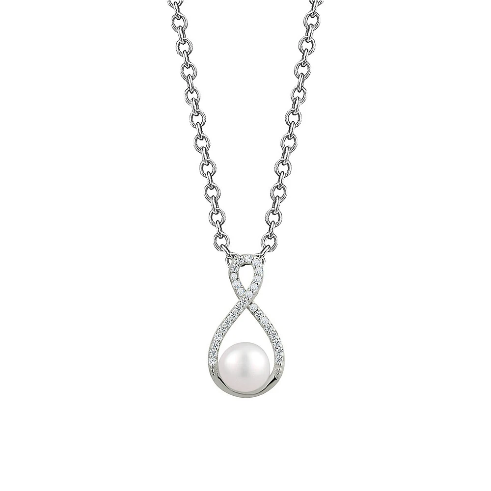 Sterling Silver, 6-6.5MM Genuine Pearl & Cubic Zirconia Infinity Pendant Necklace