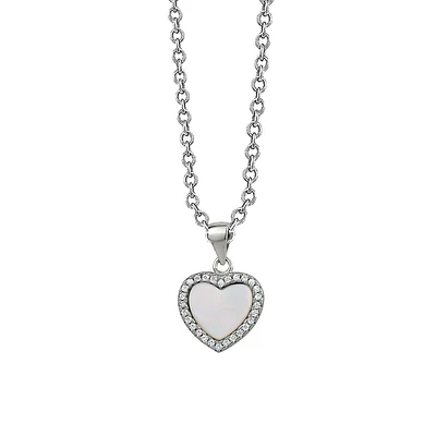 Sterling Silver, Cubic Zirconia & Mother Of Pearl Halo Heart Pendant Necklace