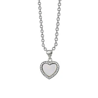 Sterling Silver, Cubic Zirconia & Mother Of Pearl Halo Heart Pendant Necklace