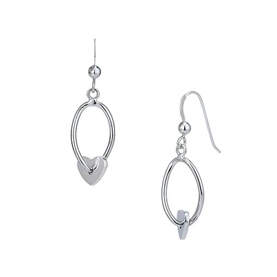 Sterling Silver Heart Charm Drop-Hoop Earrings