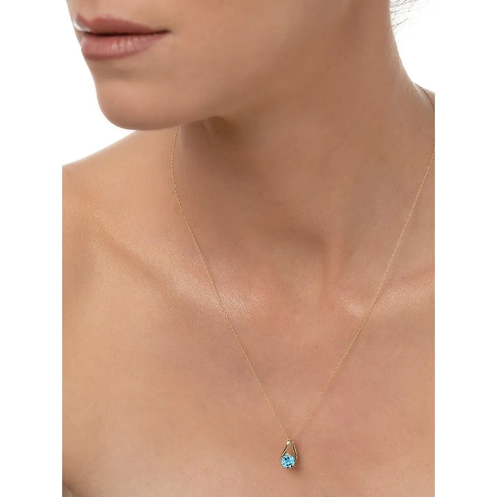 10K Yellow Gold Blue Topaz December Birthstone Pendant Necklace