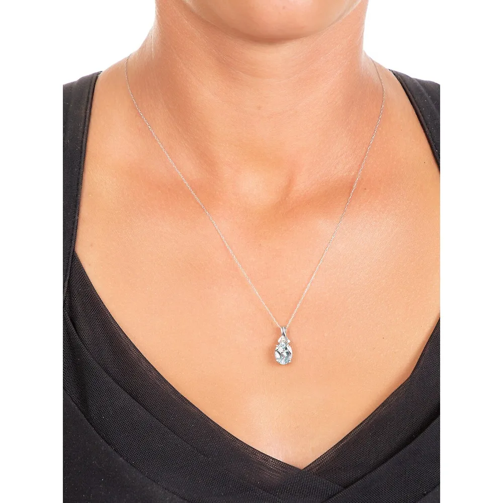 10K White Gold Blue Topaz & Cubic Zirconia Pendant Necklace