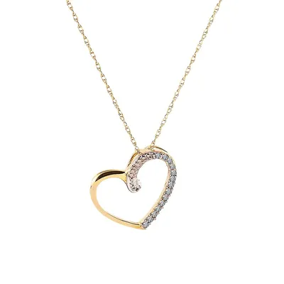 10K Yellow Gold Angled Pavé Open Heart Pendant Necklace