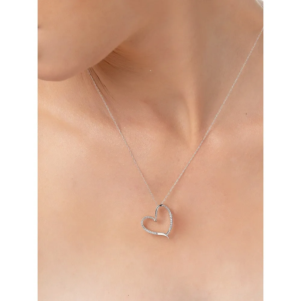 10K White Gold Angled Pavé Open Heart Pendant Necklace