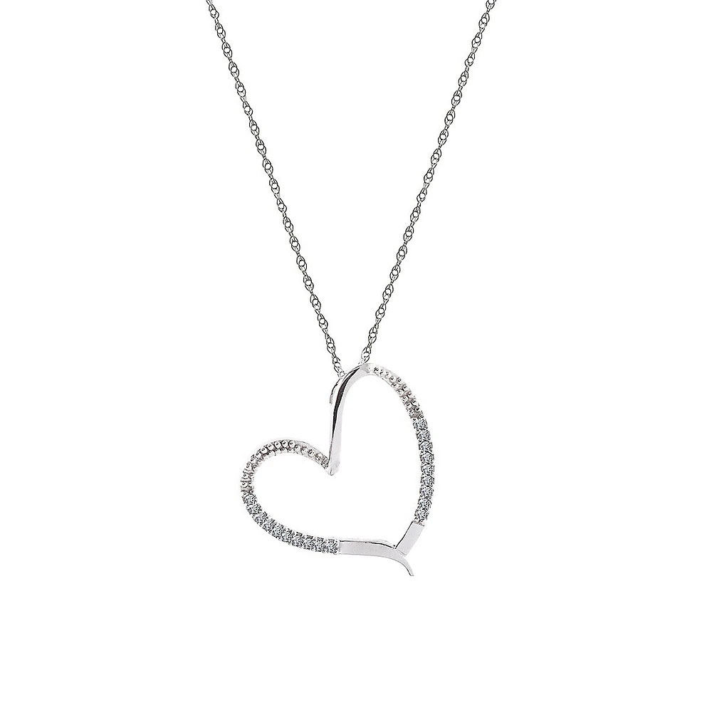 10K White Gold Angled Pavé Open Heart Pendant Necklace