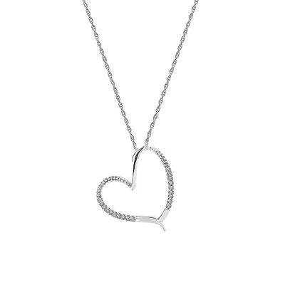 10K White Gold Angled Pavé Open Heart Pendant Necklace