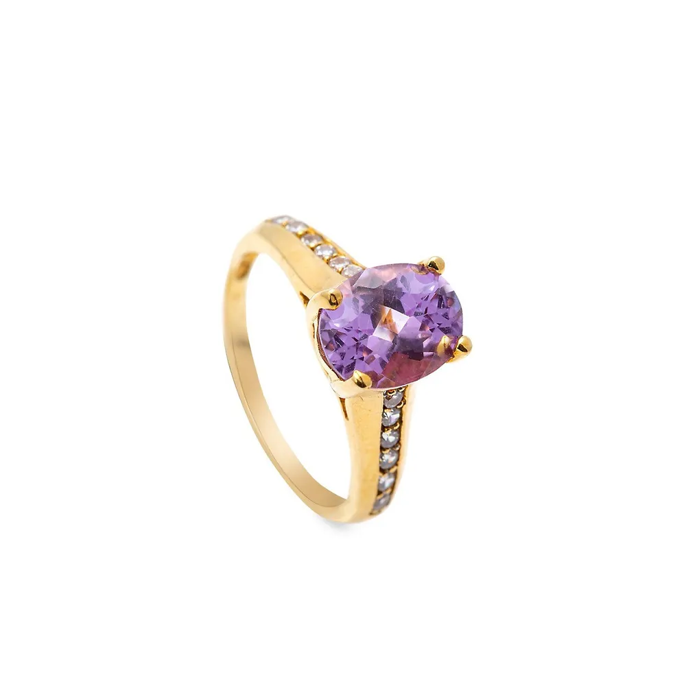 10K Yellow Gold, Amethyst & Cubic Zirconia Solitaire Ring