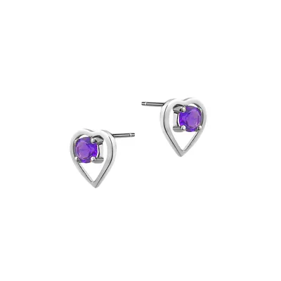 10K White Gold and Amethyst Birthstone Heart Stud Earrings