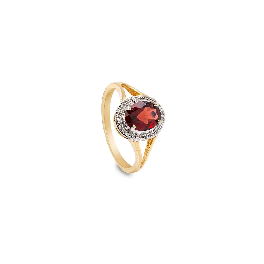 Bague en or jaune 10 ct à grenat rouge et diamant 0,02 PT