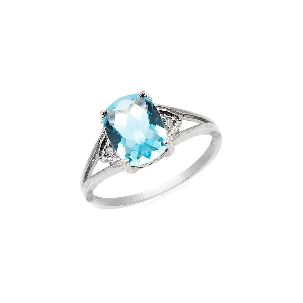 Bague à solitaire en or blanc 10 ct avec topaze bleue et diamants 0,01 PT.