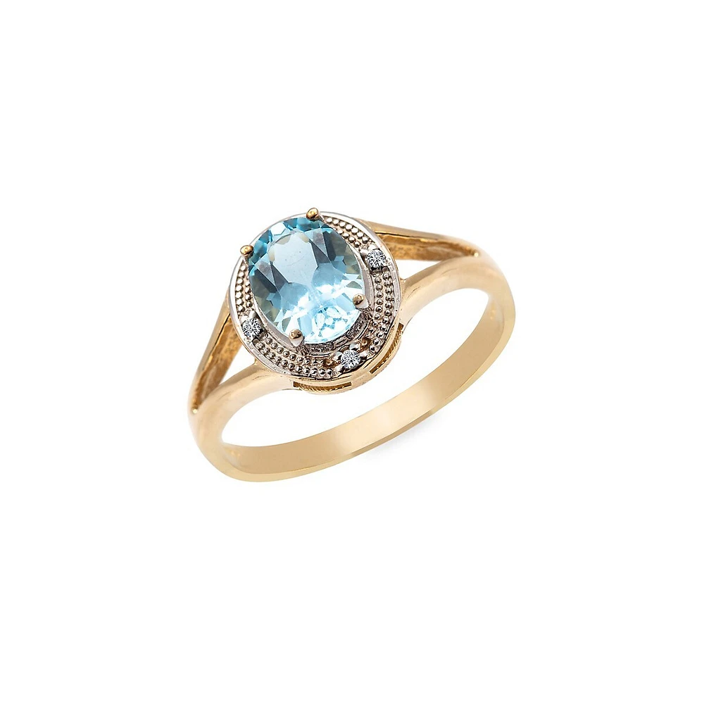 10K Yellow Gold, Rhodium-Plated, Oval Blue Topaz & 0.02 CT. T.W. Diamond Ring