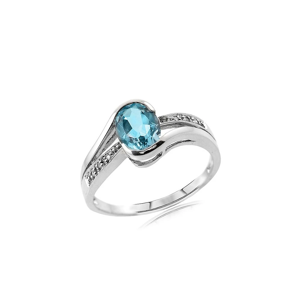 Bague en or blanc 10 ct avec topaze bleue et diamants 0,01 PT