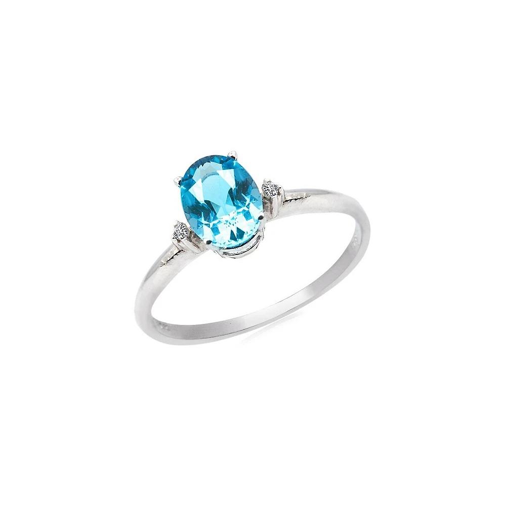 Bague en or blanc 10 ct avec topaze bleue et diamants 0,01 PT