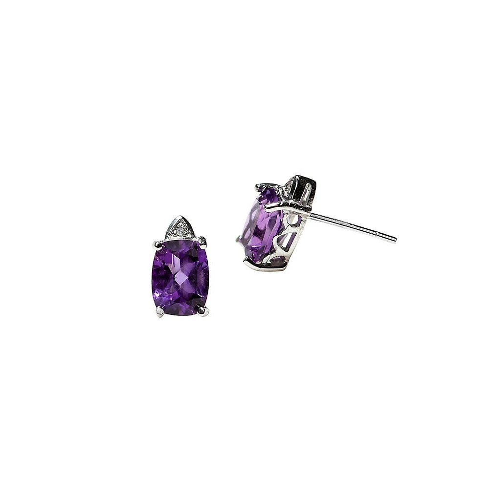 Dormeuses en or blanc 10 ct avec diamants 0,02 ct PT et améthystes