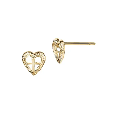 10K Yellow Gold Heart & Cross Stud Earrings
