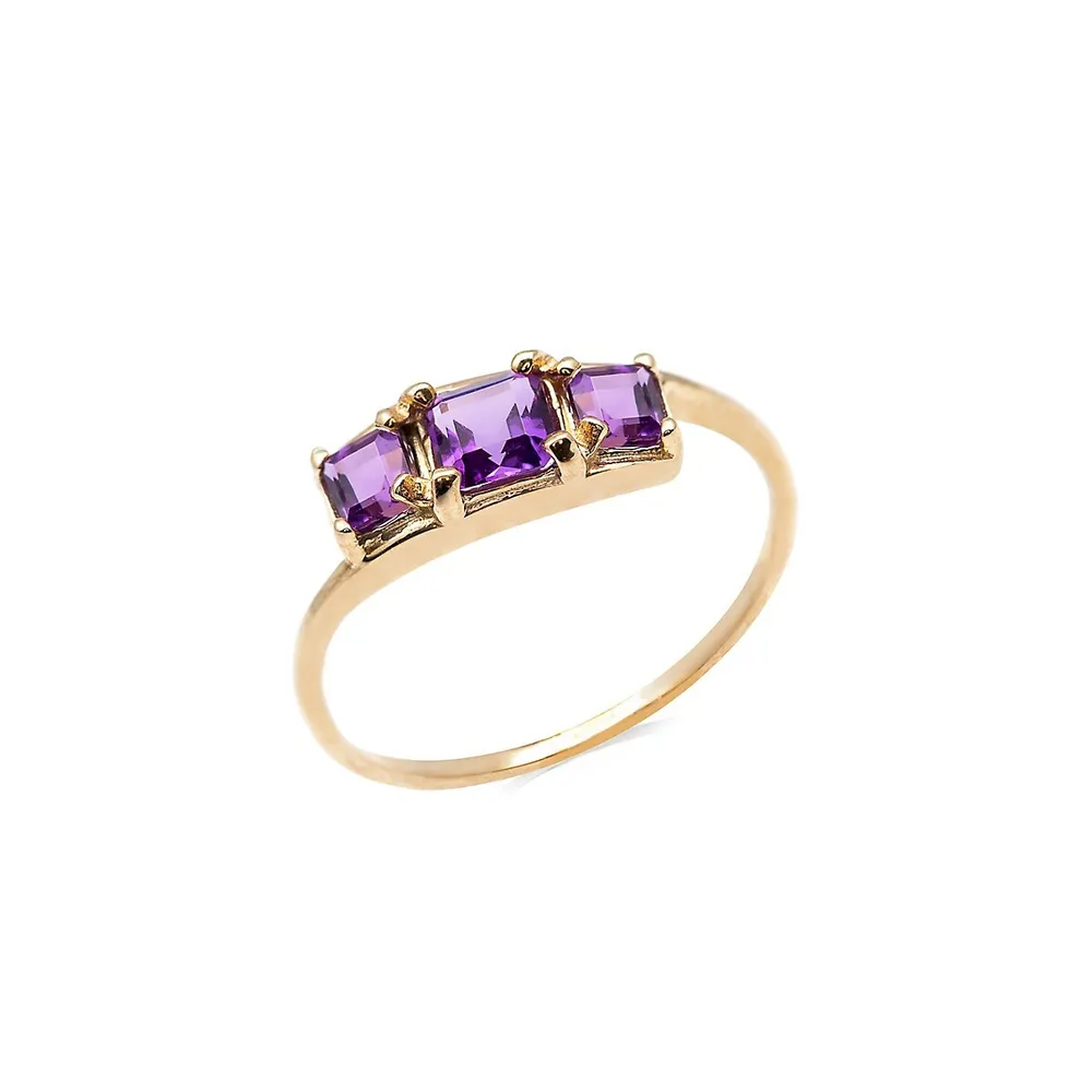 Bague en décalé à trois pierres or jaune 10 ct avec améthystes