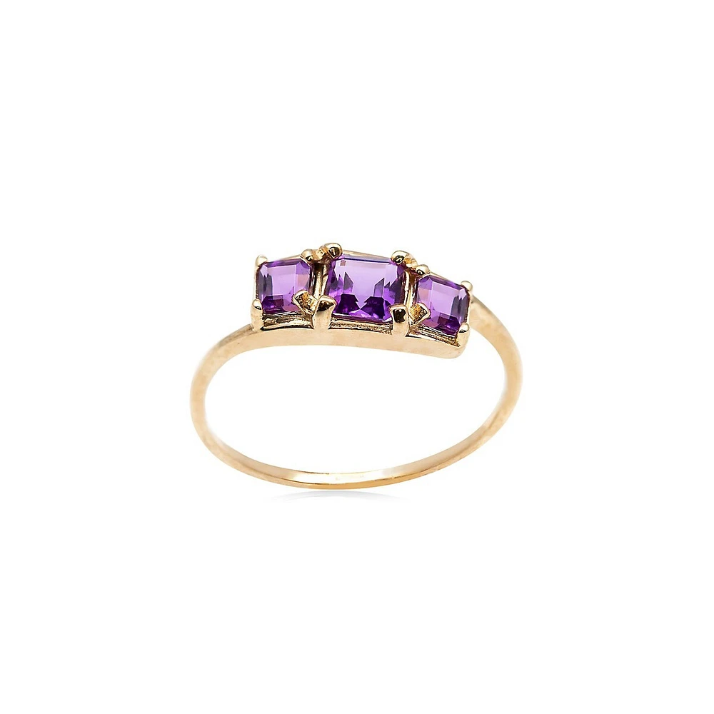 Bague en décalé à trois pierres or jaune 10 ct avec améthystes