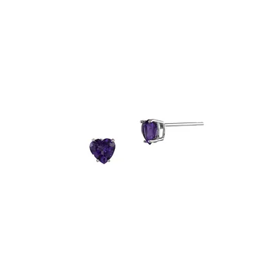 Amethyst & Silvertone Heart Stud Earrings