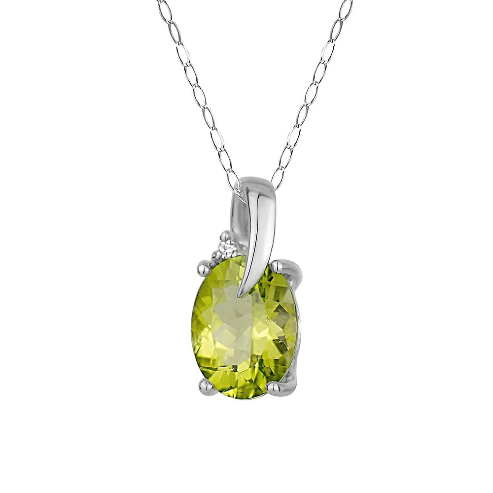 Or blanc 10 ct, Péridot et 0,075 ct. Collier avec pendentif en diamants PT